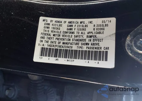 2014 Honda Accord Sport from USA, damaged, VIN 1HGCR2F58EA228428